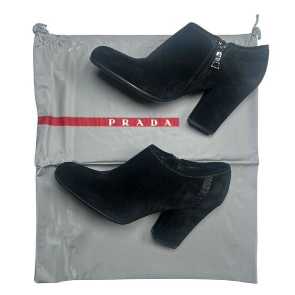 Women's Prada Suede Sz 5 Ankle Zip Booties Block Heel Black With Box & Shoe Bag - Picture 12 of 13